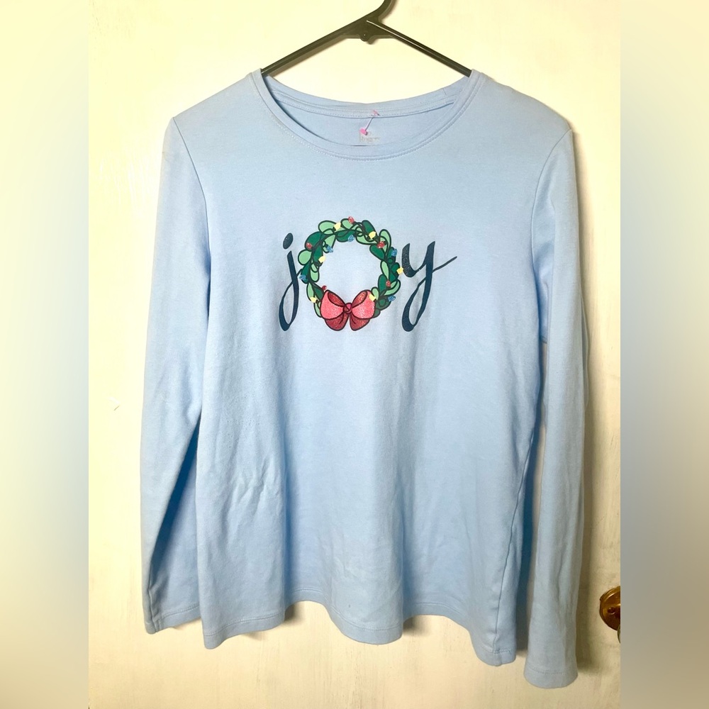 Kim Rogers Light Blue Long Sleeve Tee with Joy Wreath Design